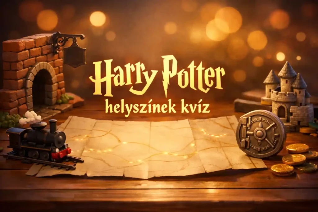 Harry Potter helyszínek kvízhez készült illusztráció varázslatos térképpel és ikonikus helyszín-utalásokkal.