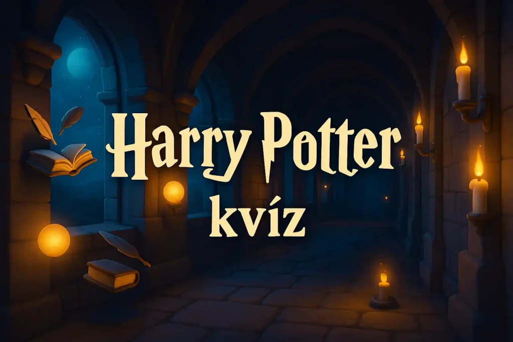 Varázslatos kőfolyosó lebegő gyertyákkal és könyvekkel, középen „Harry Potter kvíz” felirattal.