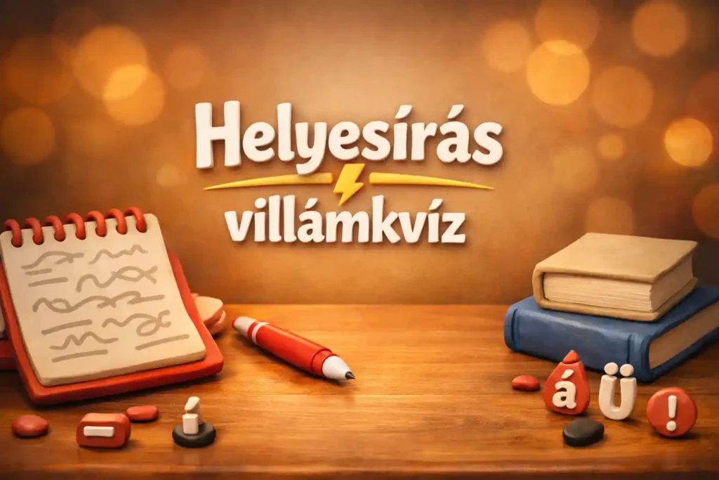 Helyesírás villámkvíz témájú, barátságos íróasztal-csendélet kötőjeles és ékezetes jelképekkel.