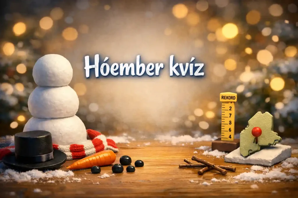 Hóember kvíz hero kép: hóemberépítő kellékek és rekordokra utaló téli asztali jelenet.