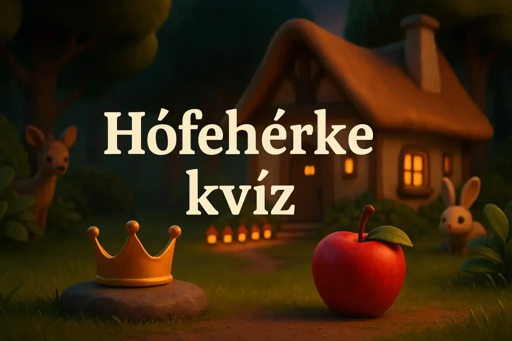 Hófehérke kvíz hero kép egy erdei kunyhóval, piros almával, koronával és hét kis lámpással mesés, 3D-s stílusban.