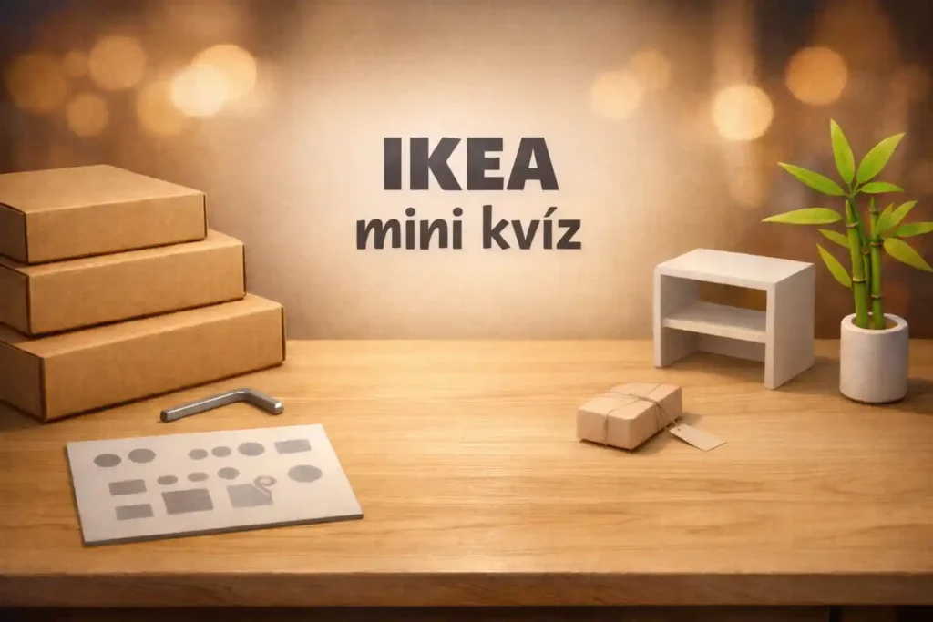 Skandináv hangulatú, letisztult hero kép dobozokkal és imbuszkulccsal az „IKEA mini kvíz” felirattal.