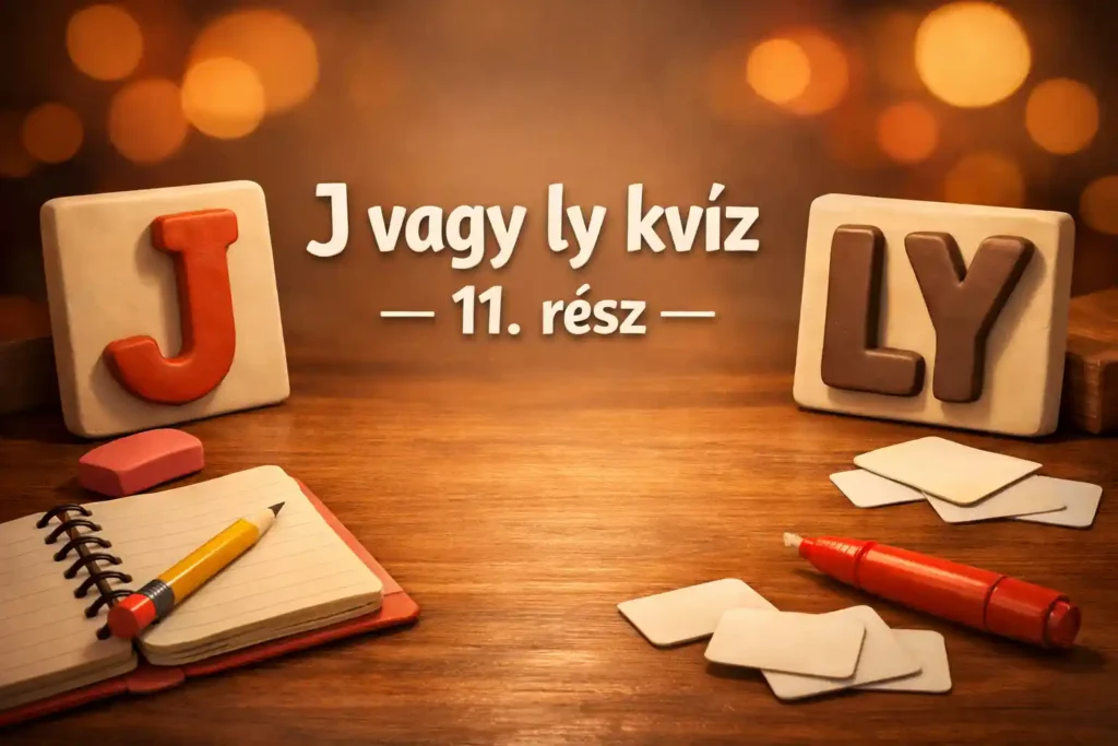 J vagy ly kvíz – 11. rész borítókép J és LY betűlapokkal, jegyzetfüzettel és írószerekkel.