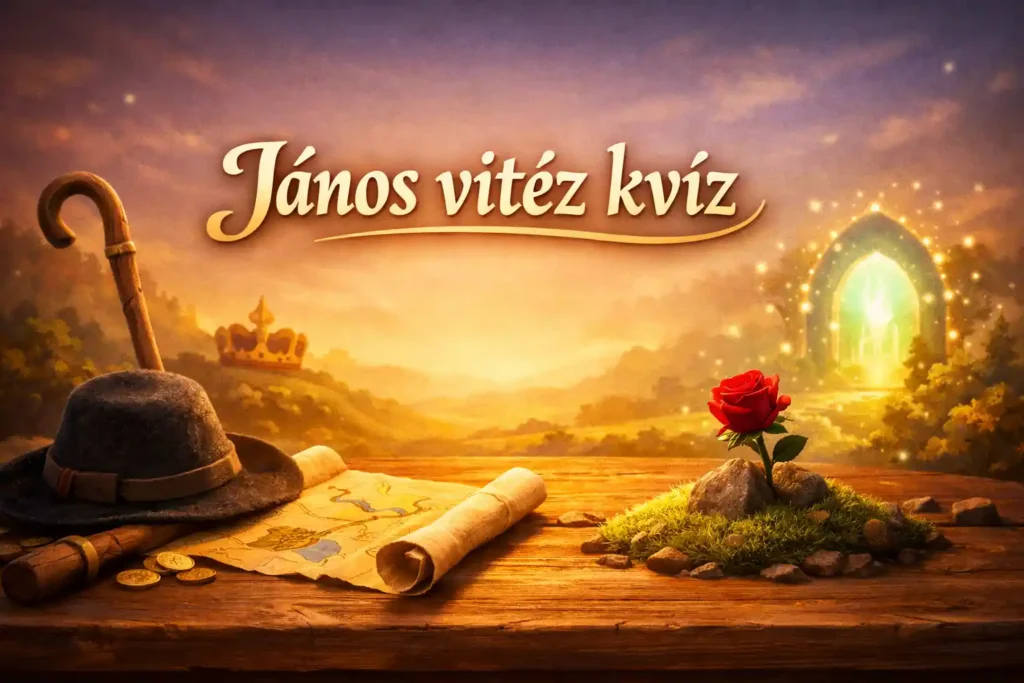 János vitéz kvíz illusztráció népi motívumokkal, rózsával és mesés hangulattal.