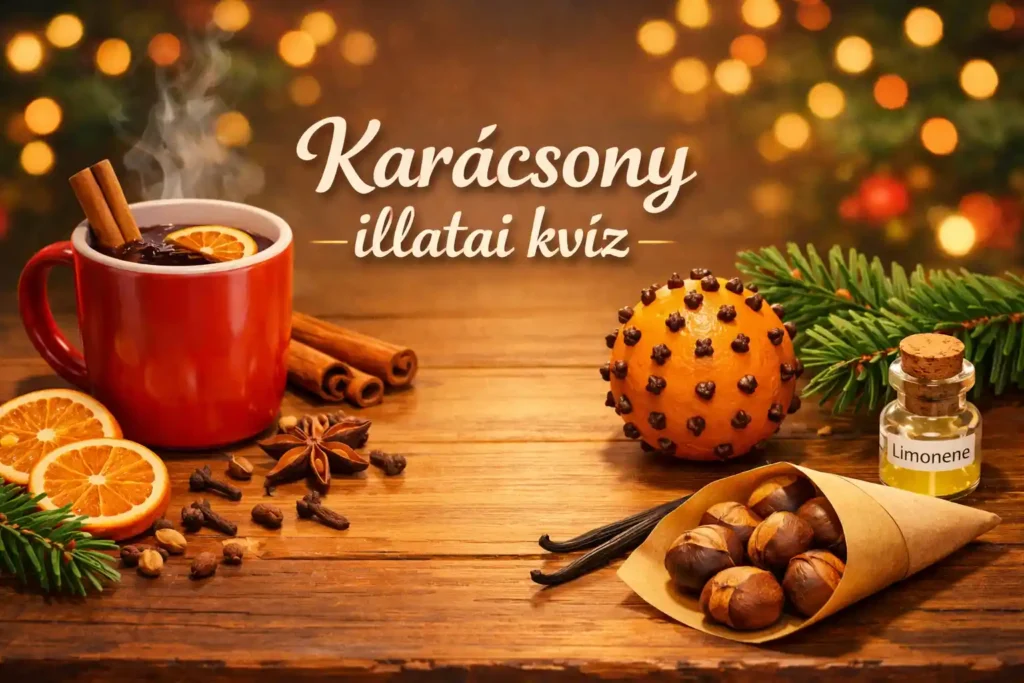 Karácsony illatai kvíz hero kép fahéjjal, szegfűszeggel, narancssal és fenyőággal egy ünnepi asztalon.