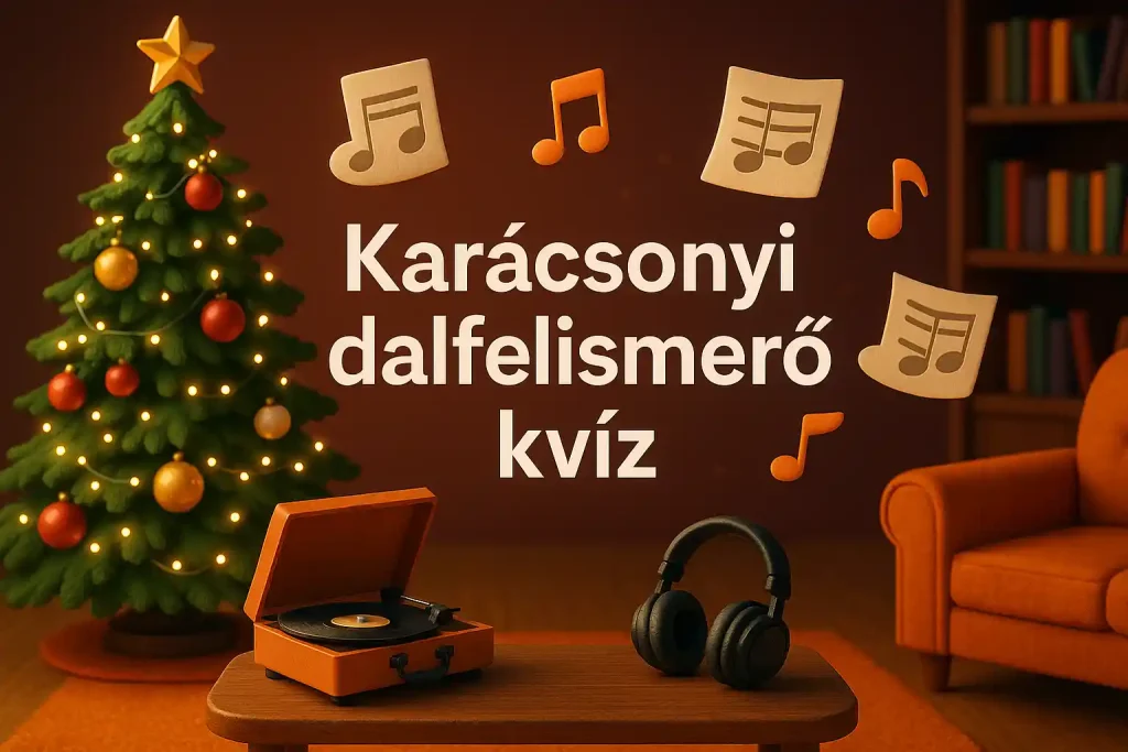 Karácsonyi dalfelismerő kvíz hero kép egy hangulatos nappalival, lemezjátszóval és magyar ünnepi slágereket idéző zenei motívumokkal.
