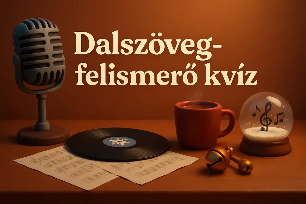 Karácsonyi dalok kvízhez illusztráció: mikrofon, kotta és ünnepi zenei kellékek egy hangulatos asztalon.