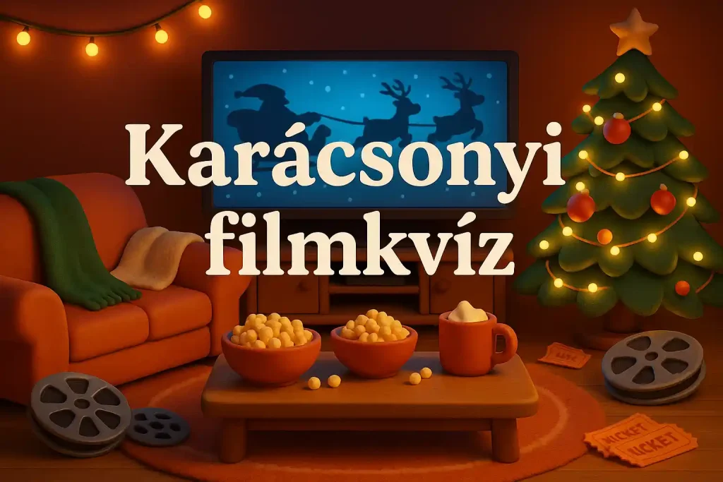 Karácsonyi filmkvíz hero kép: hangulatos nappali otthoni mozival, karácsonyi filmek és díszek között.