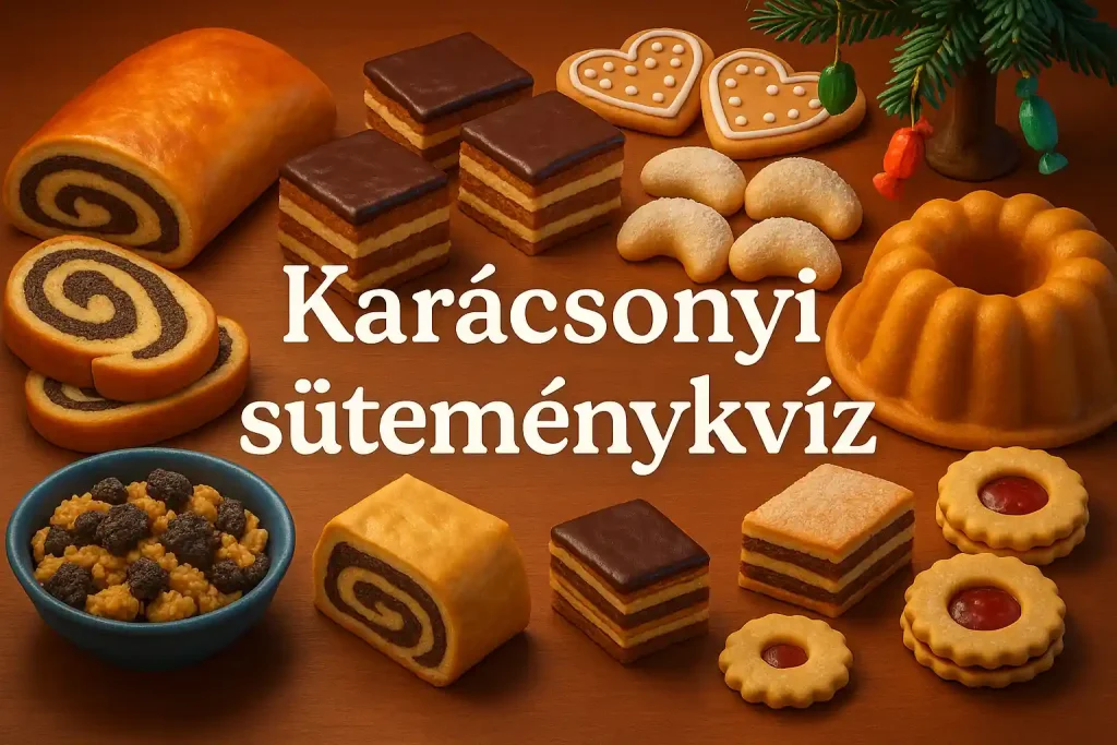 Karácsonyi süteménykvíz hero kép ünnepi sütikkel az asztalon (bejgli, zserbó, mézeskalács).