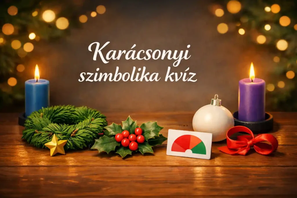 Karácsonyi szimbolika kvíz hero kép örökzöldekkel, piros bogyókkal és arany-fehér díszekkel egy ünnepi asztalon.