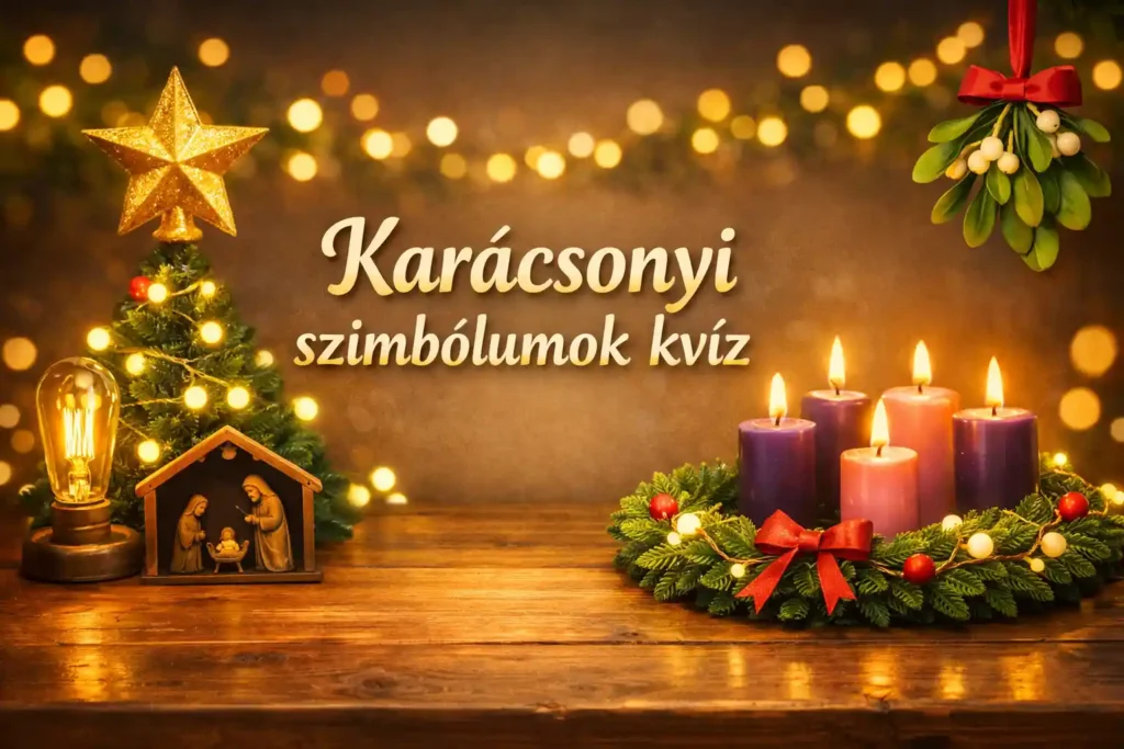 Karácsonyi szimbólumok kvíz borítókép csillaggal, adventi gyertyákkal, koszorúval és fényekkel.
