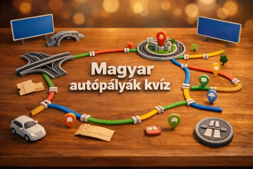 3D clay stílusú autópálya-csomópont asztali jelenet „Magyar autópályák kvíz” felirattal, térkép nélkül.