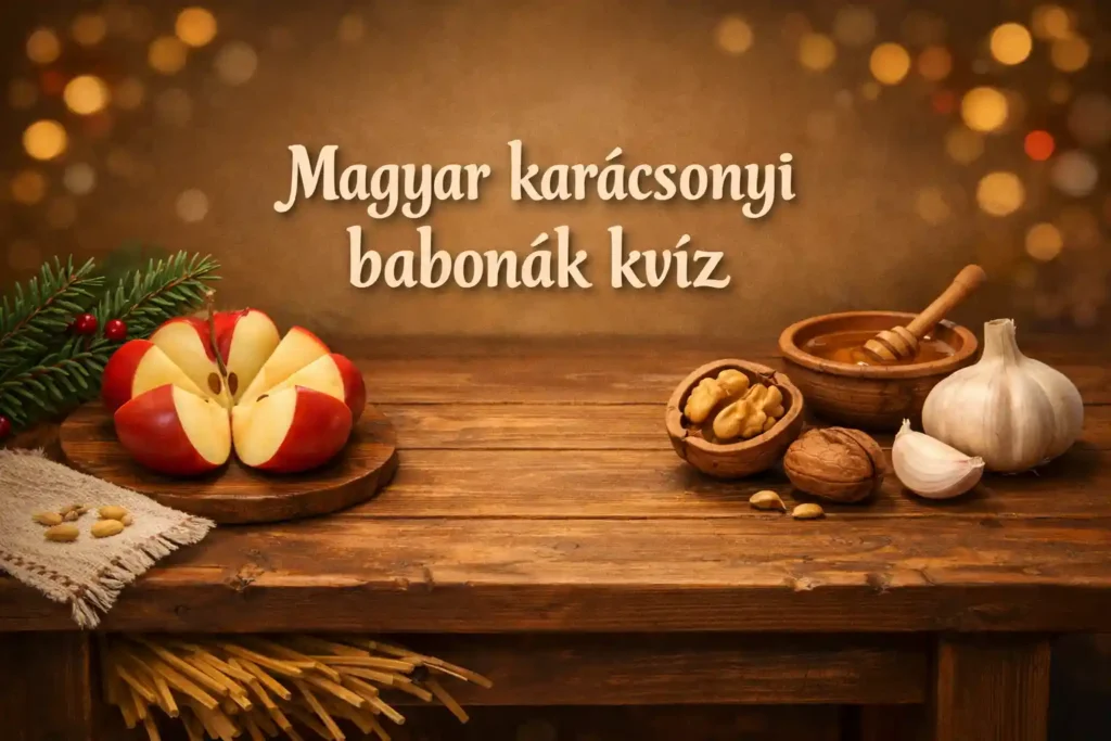 Karácsonyi babonák kvíz illusztráció magyar népszokásokkal: alma, dió és ünnepi asztal.