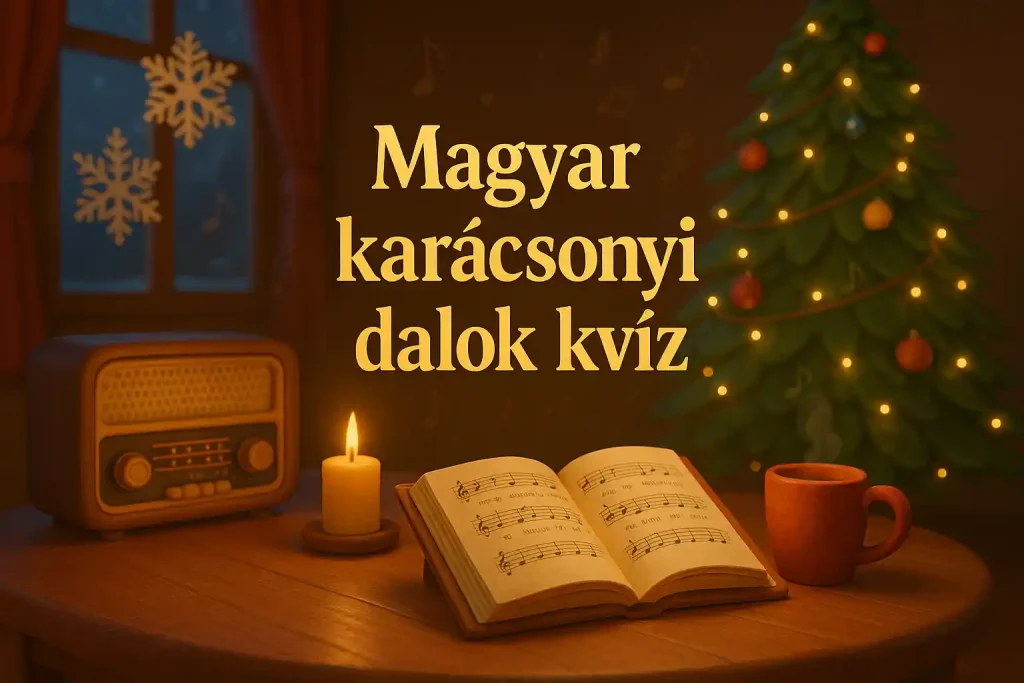karácsonyi hangulatú illusztráció magyar karácsonyi dalok kvízhez, énekeskönyvvel és feldíszített szobával