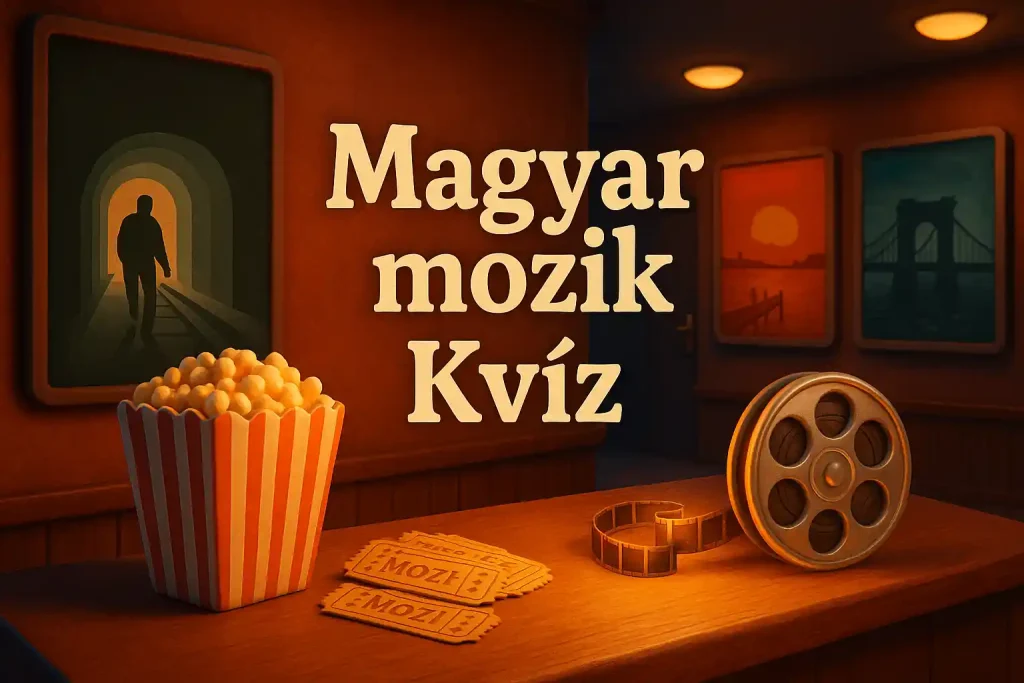 Magyar mozik kvíz hero kép egy 2000-es évekbeli mozi hangulatával, popcornnal és filmposzterekkel.