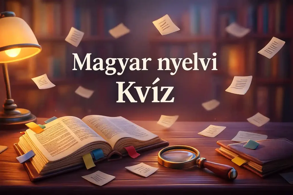Magyar nyelvi kvízhez készült illusztráció ritkább szavakat idéző könyvekkel és szókártyákkal.
