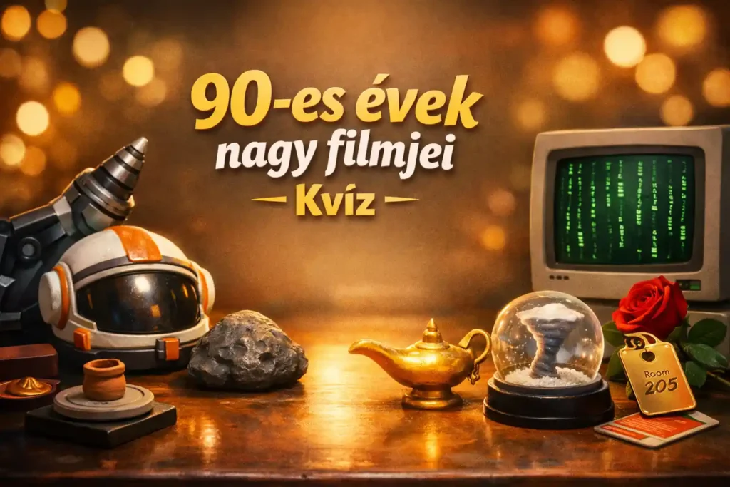 90-es évek filmkvíz hero kép filmes ikonokkal egy nosztalgikus asztali jelenetben.