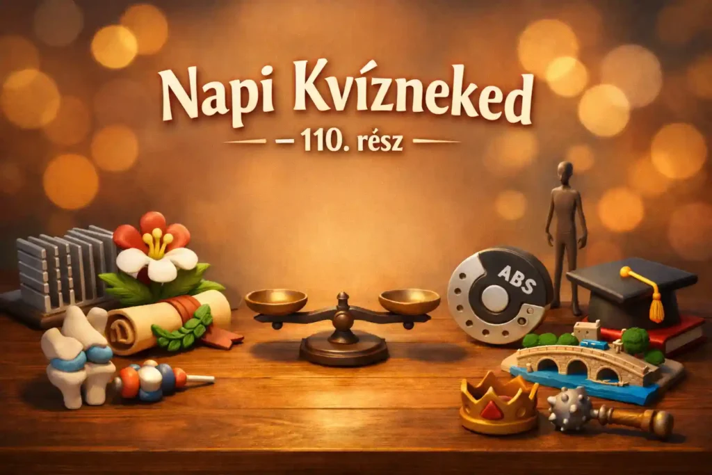 Általános műveltség kvíz hero kép, vegyes témájú mini tárgyakkal egy asztalon.