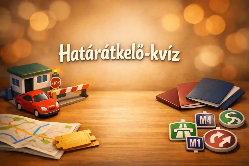 Határátkelő kvíz illusztráció miniatűr határkapuval, autós utazós tárgyakkal és üres középrésszel címszöveghez.
