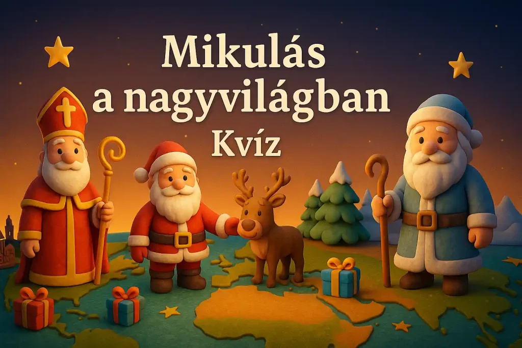 Mikulás a nagyvilágban kvíz hero kép – különböző országok karácsonyi ajándékhozói egy illusztrált világtérképen.