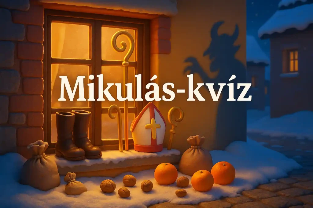 Illusztráció egy Mikulás kvízhez, csizmákkal, püspöksüveggel és téli utcai hangulattal.