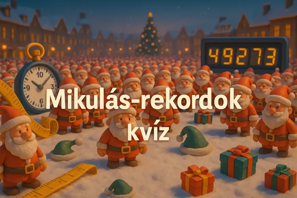 Mikulás-rekordok kvíz hero kép egy zsúfolt, havas téren gyülekező rengeteg Mikulással és óriási számkijelzővel.