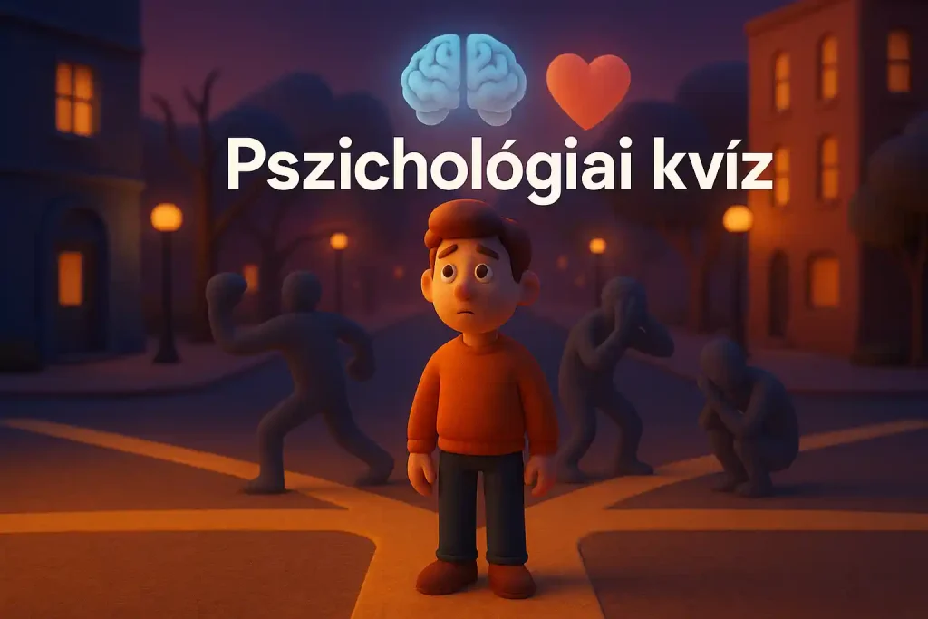 Pszichológiai kvíz hétköznapi helyzetekről – illusztráció a félelem testi és lelki jeleiről, egy elágazásnál álló figurával.