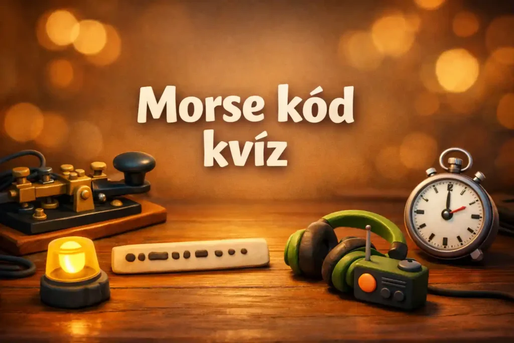 Morse kód kvíz témájú illusztráció távírókulccsal és pont–vonás jelekkel, meleg, hangulatos asztali jelenetben.