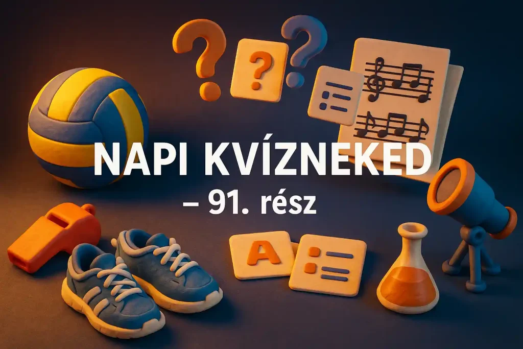 Műveltségi kvíz sporttal, zenével és tudománnyal, kérdőjelekkel és jelképes tárgyakkal egy hero képen.