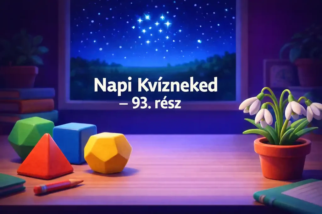 Műveltségi kvíz hero kép platóni testekkel, hóvirággal és a Plejádok csillaghalmazára utaló éjszakai égbolttal.