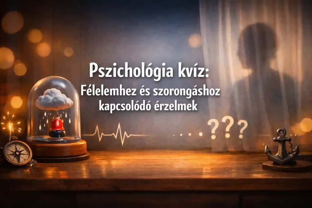 Pszichológia kvíz illusztráció félelemhez és szorongáshoz kapcsolódó érzelmekről, szimbolikus elemekkel.
