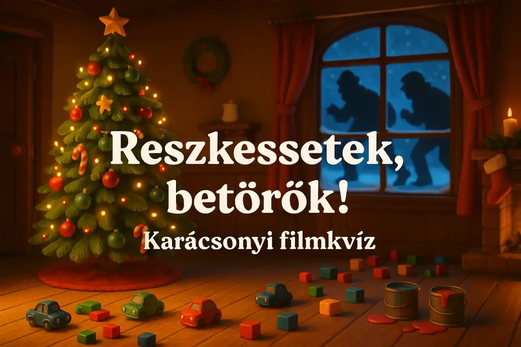 Reszkessetek, betörők karácsonyi filmkvíz hero kép egy csapdákkal teli nappalival és betörők árnyékaival.