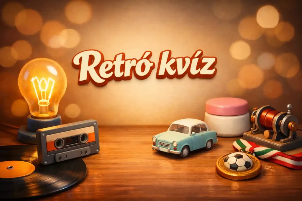 Retró kvíz hangulatkép Trabanttal és Tungsram-izzóval egy nosztalgikus asztali jelenetben.