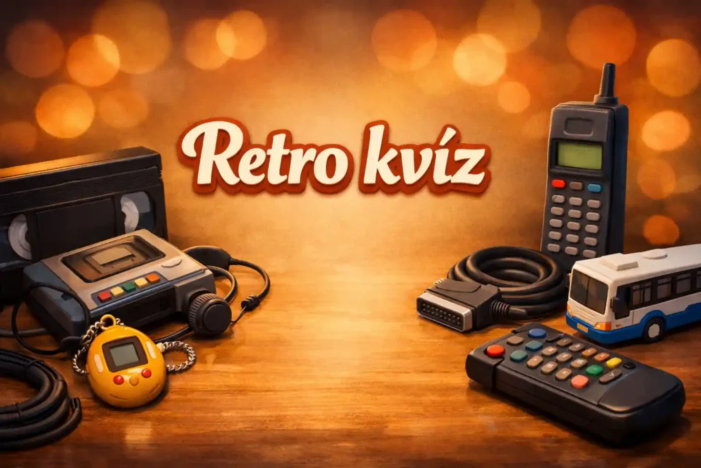 Retro magyarország kvíz hero kép VHS-kazettával, Walkmannel és retró kütyükkel a 90-es évekből.
