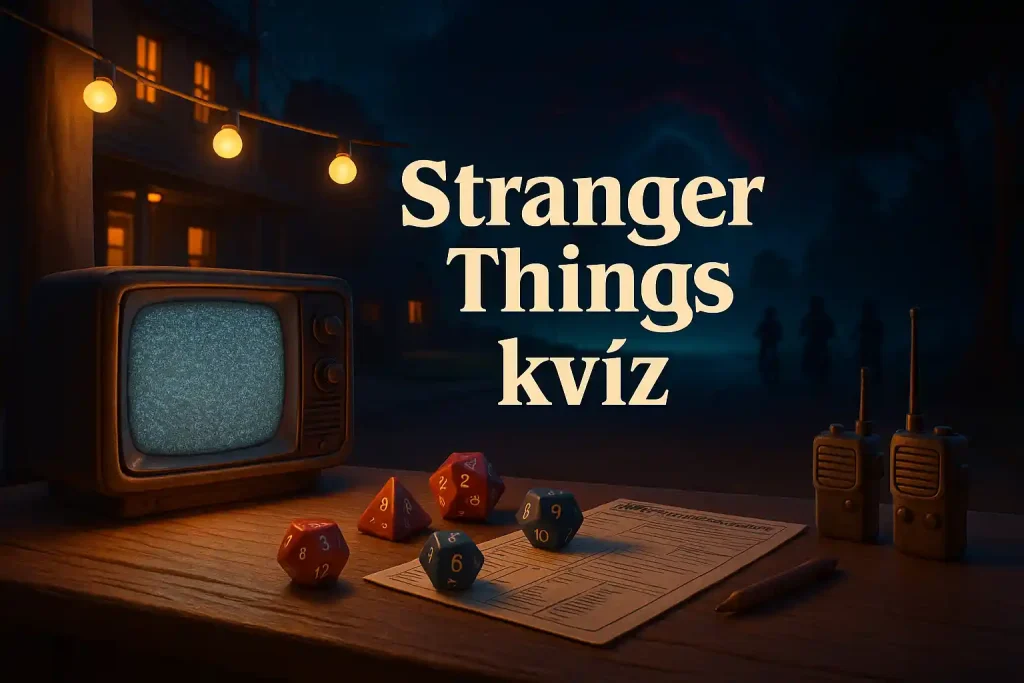 Stranger Things kvíz hero kép – 80-as évekbeli kisvárosi utca, Dungeons & Dragons elemekkel és misztikus erdővel.