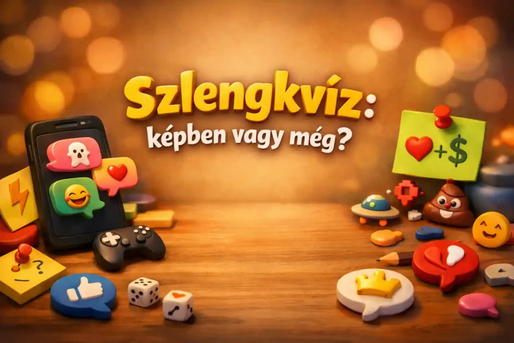 Szleng kvíz hangulatú illusztráció okostelefonnal és chat ikonokkal.