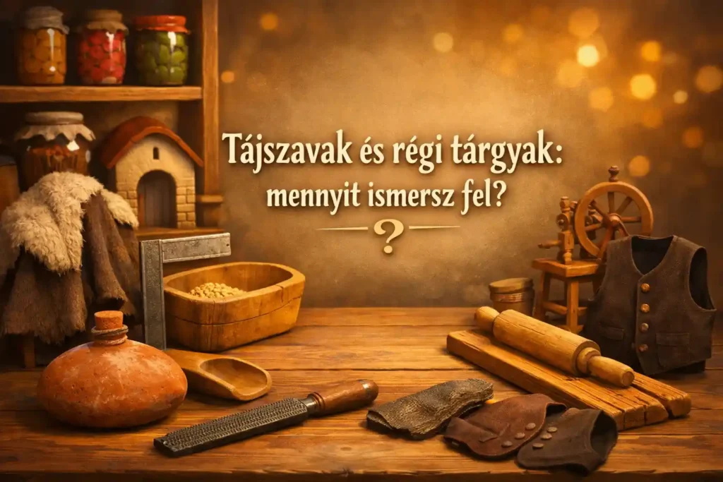 Tájszavak kvíz borítókép régi magyar tárgyakkal egy hangulatos asztali összeállításban.
