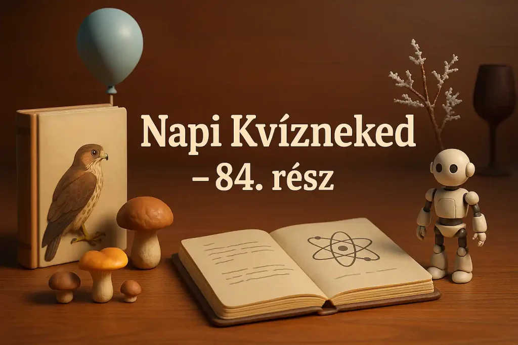 Természet és tudomány kvíz hero kép egy asztalon egymás mellett látható madaras határozóval, gombával, robotfigurával és jegyzetekkel.