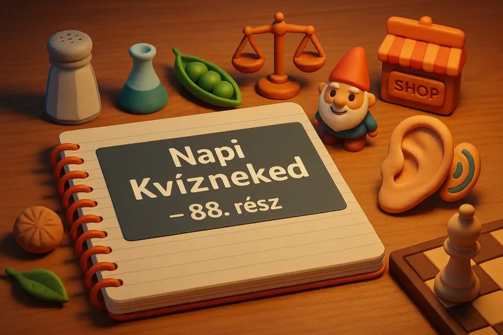 Napi Kvízneked – 88. rész vegyes kvíz illusztráció hétköznapi tudás témájú ikonokkal egy asztalon.