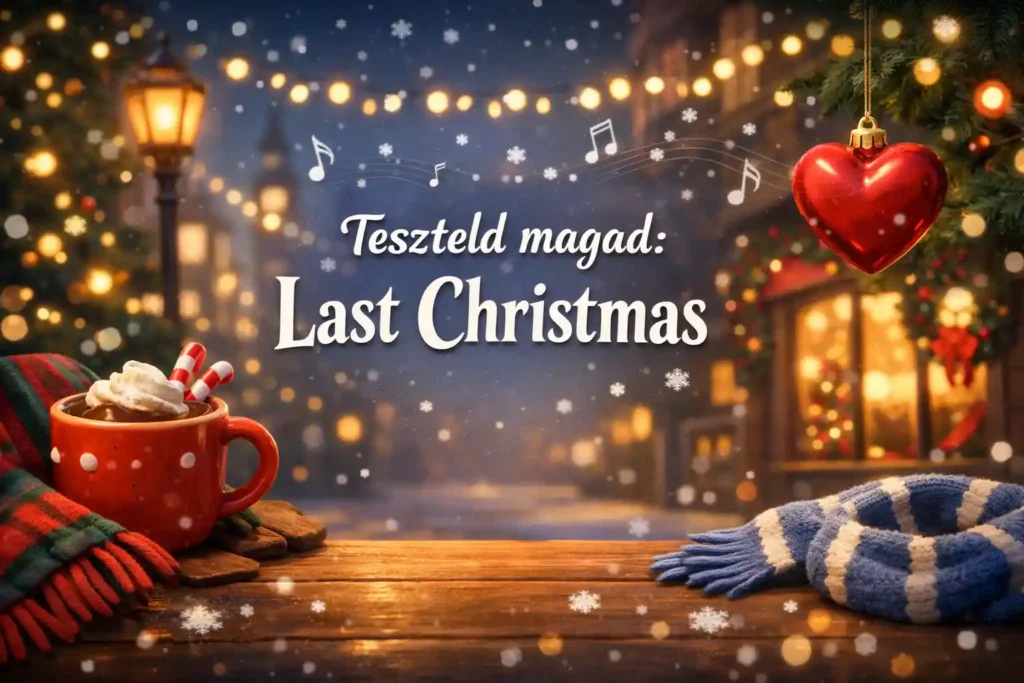 Last Christmas filmkvíz borítókép karácsonyi londoni hangulattal, ünnepi fényekkel és letisztult címtérrel.