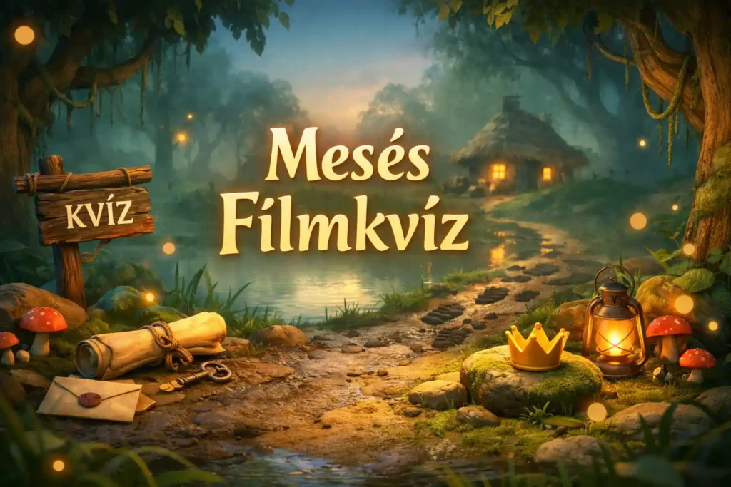 Mesés mocsárhangulatú illusztráció „Mesés Filmkvíz” felirattal, kvíz táblával, ösvénnyel, tekercsel, kulccsal és lámpással.