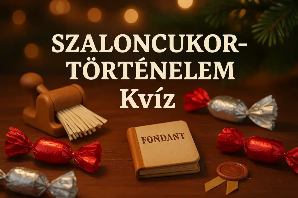 Szaloncukor története kvíz – karácsonyi szaloncukrok és vintage csomagolás egy ünnepi asztalon.