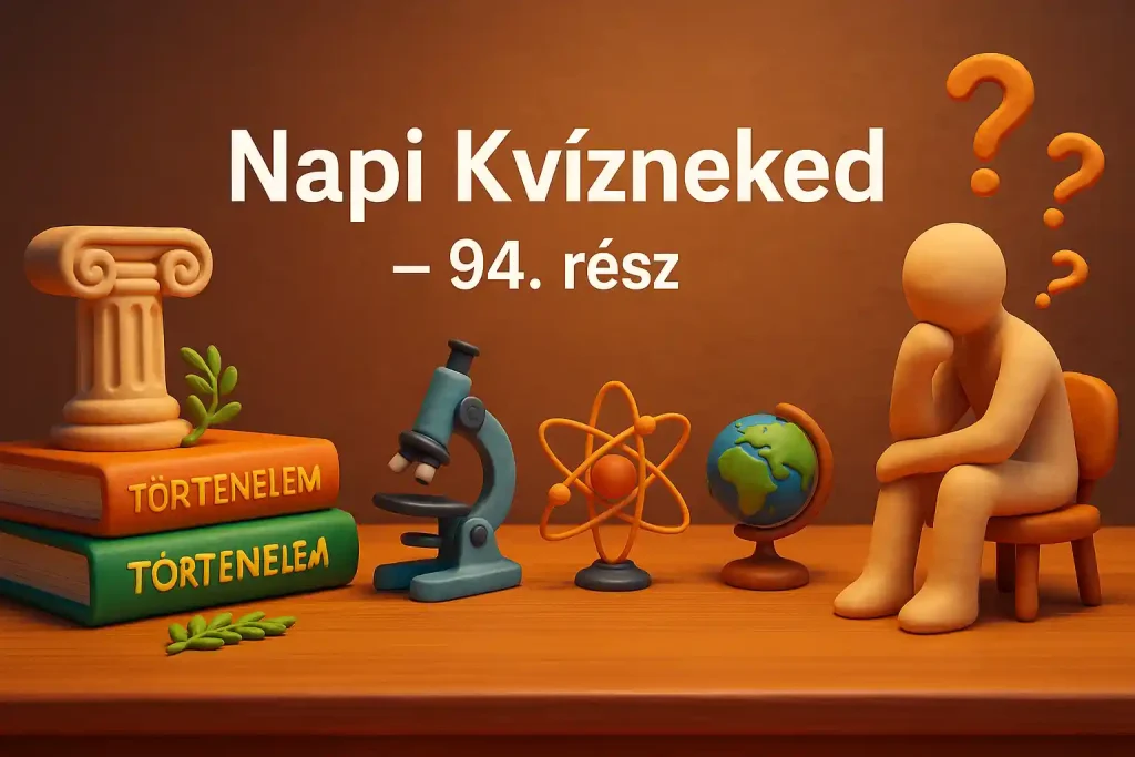 Vegyes kvíz illusztráció történelem, tudomány és filozófia motívumokkal egy fa asztalon.