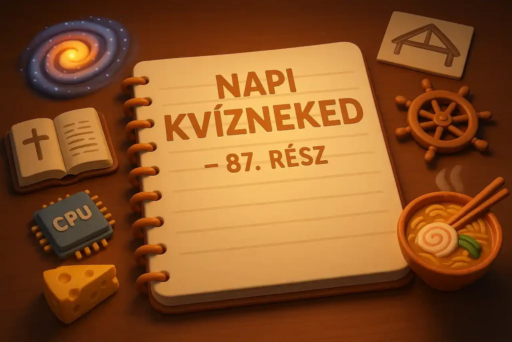 Tudásfrissítő vegyes kvíz hero kép egy íróasztalon szétszórt mindennapi tudás-szimbólumokkal.