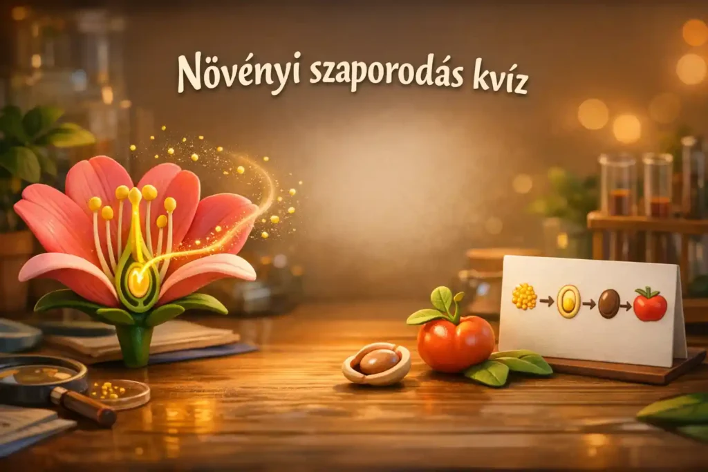 Növényi szaporodás kvíz illusztráció virággal, pollennel és a mag–termés kialakulásának jelképeivel.
