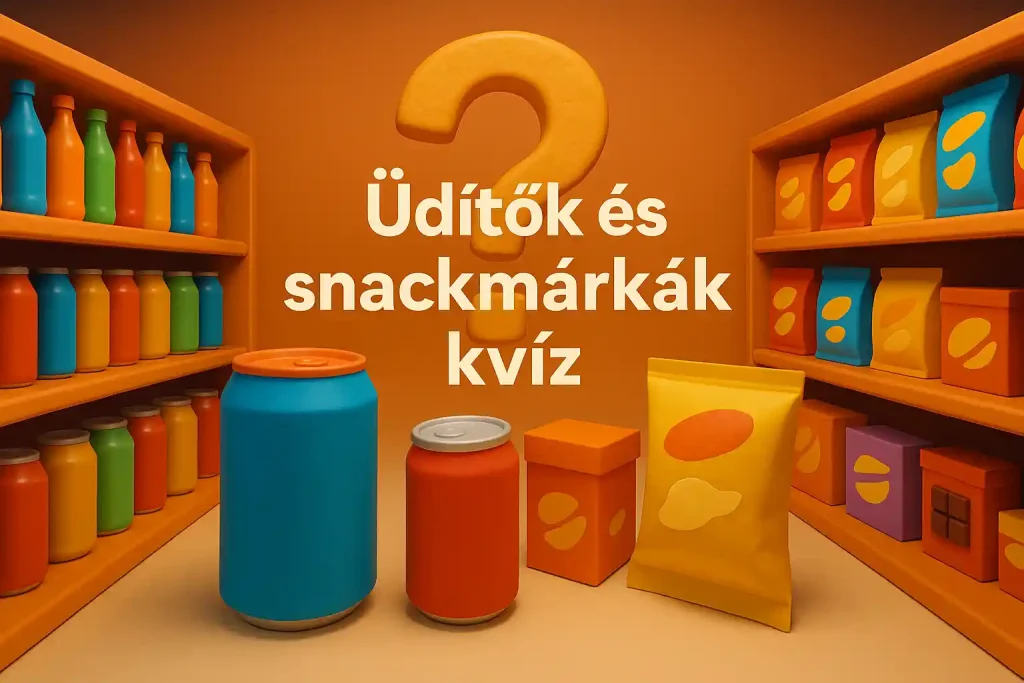 Üdítők és snackmárkák kvíz hero kép: színes üdítős palackok és snackes polcok 3D clay stílusban, kérdőjeles elrendezésben.
