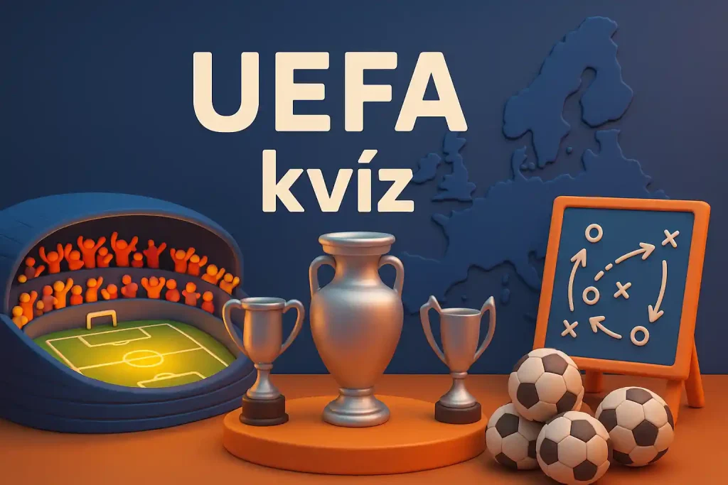 UEFA kvíz hero kép, amely az EB-k, klubkupák és trófeák világát idézi meg egy stilizált futballjelenettel.