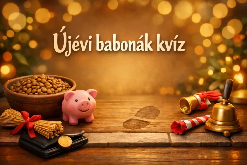 Újévi babonák kvízhez illusztráció lencsével, malaccal és szerencsehozó újévi jelképekkel.