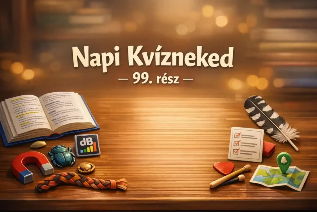 Vegyes kvíz hero kép: íróasztal szótár- és fogalomjelképekkel, tiszta középső hellyel a feliratnak.