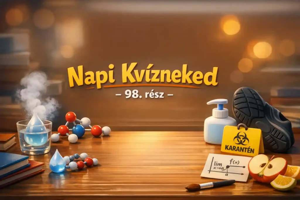 Vegyes kvíz hero kép – tudomány, egészség, sport és nyelvi fogalmak jelképeivel, „Napi Kvízneked – 98. rész” felirattal.